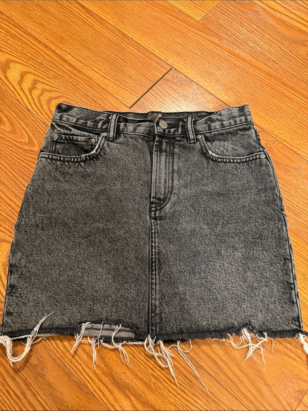 All Saints Black Acid-Wash Denim Mini Skirt with Frayed Hem